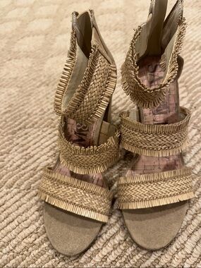 Sam & Libby Braided Raffia Strappy Heels in Tan